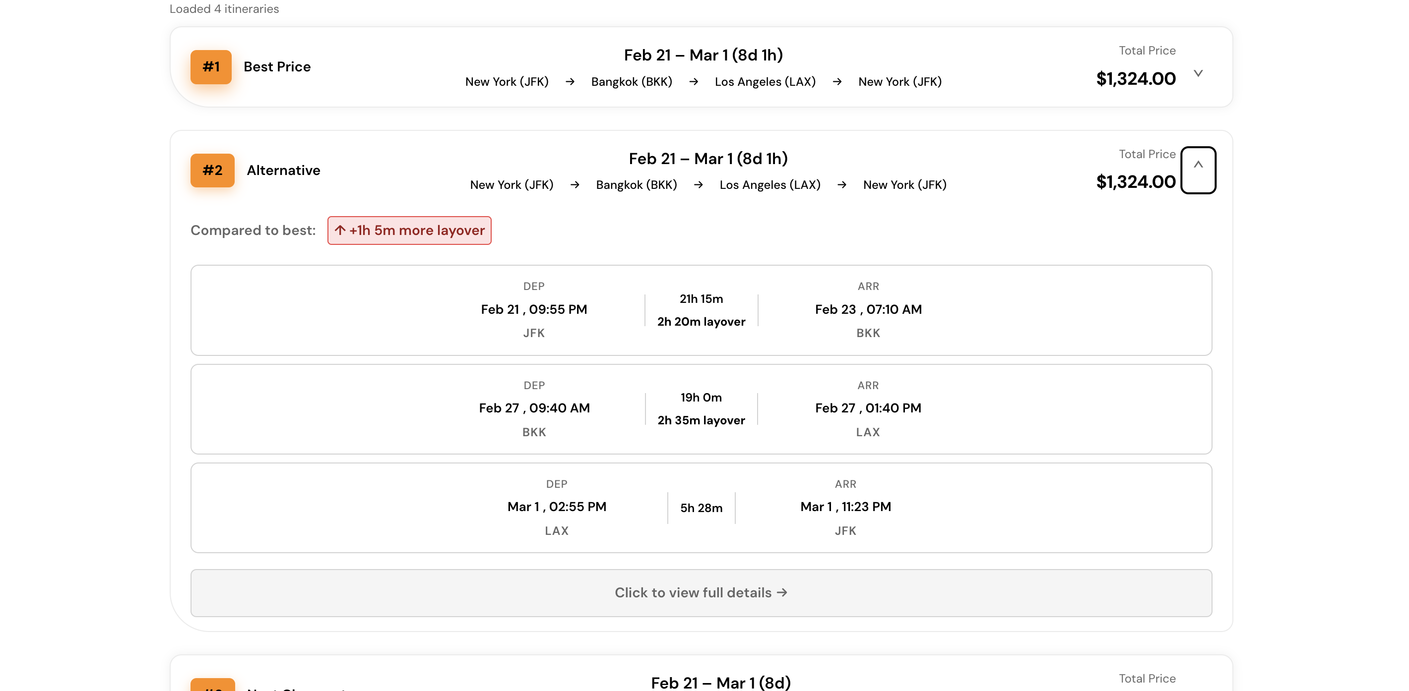 Expanded result with Compared to best and layover duration