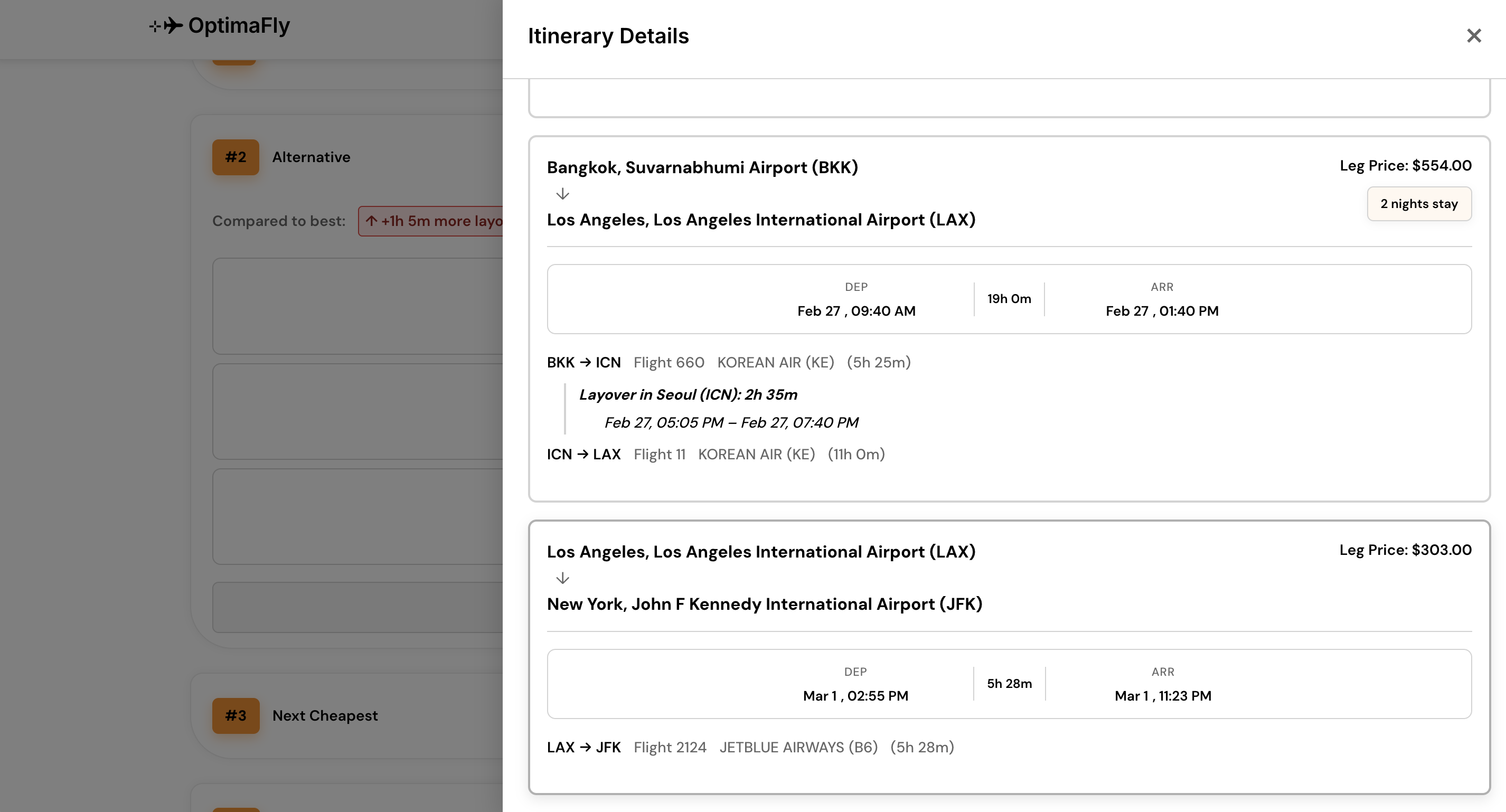 Result screen with specific times and trip details