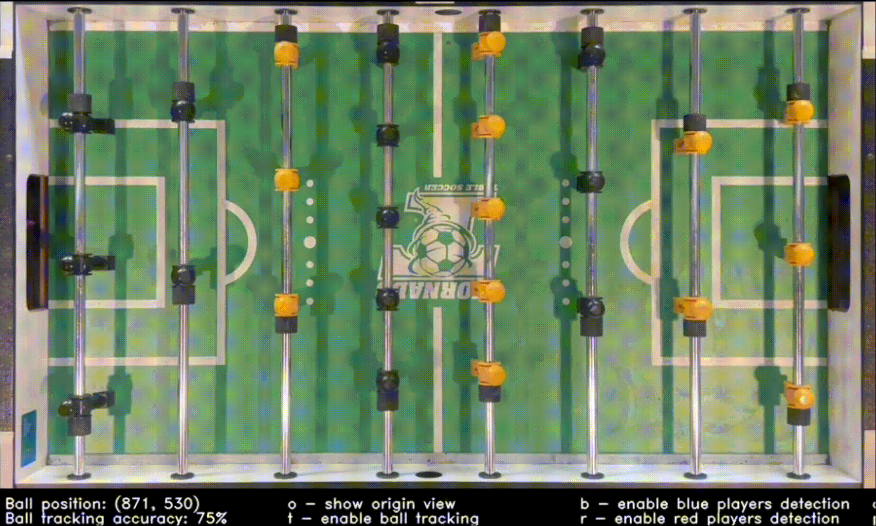 OpenCV ball tracking: red ball detected and tracked frame-by-frame on foosball table