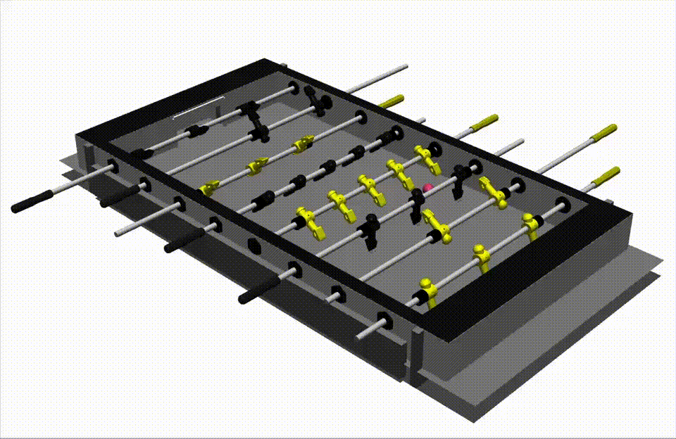 MuJoCo foosball simulation: table with rods, players, and ball in motion